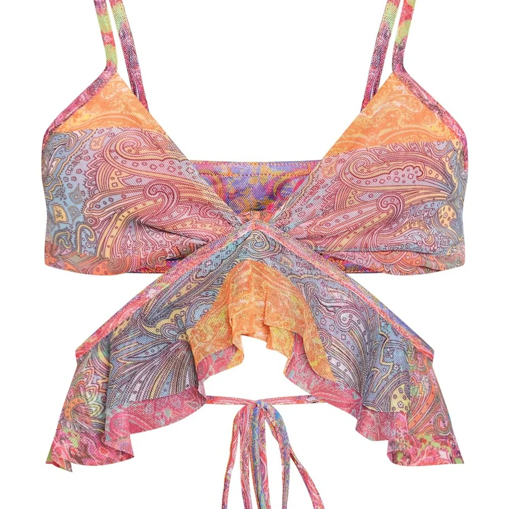 MULTI PATCHWORK PRINTED MESH FRILL WRAP DETAIL CROP TOP - Picture 1 of 3